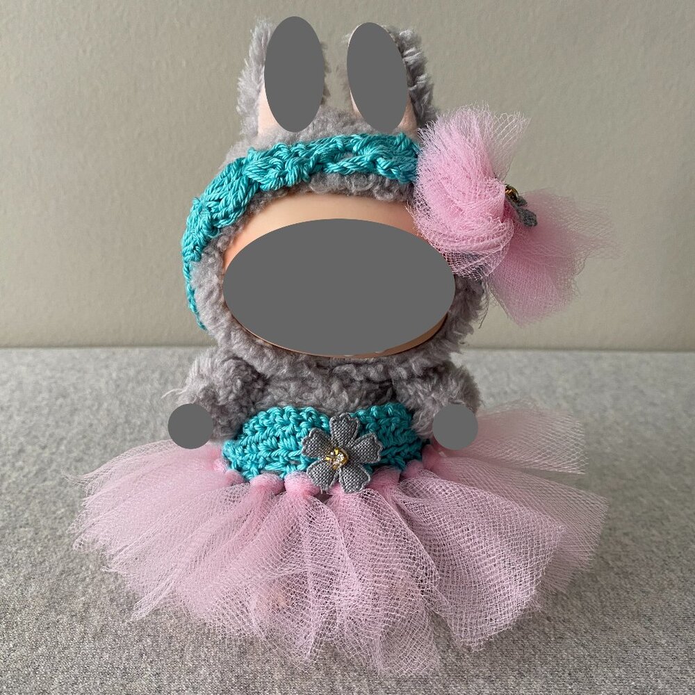 Handmade Crochet Blue Pink Sweetheart Neckline Tutu for 17cm Doll 2-Piece Set